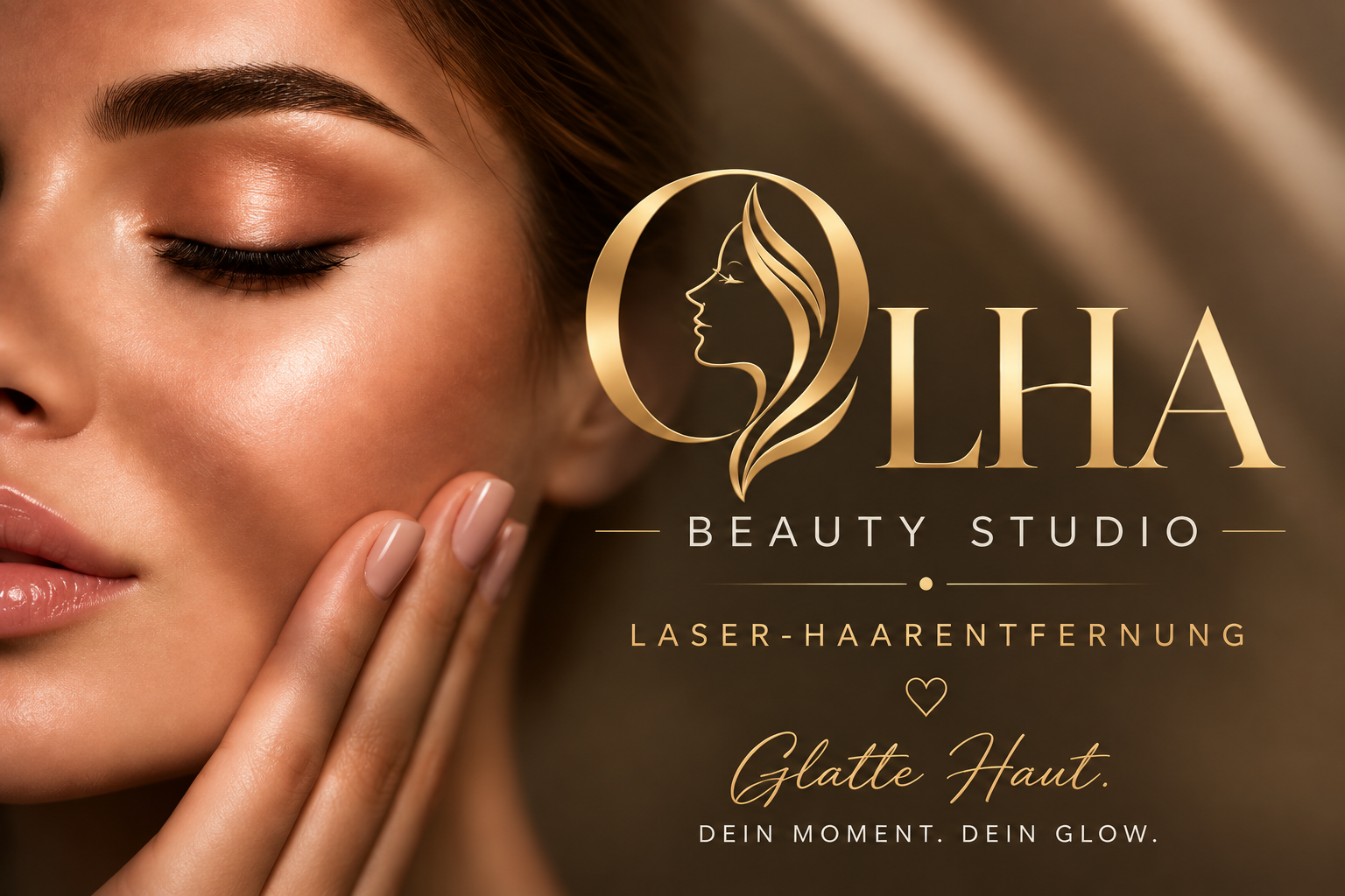 OLHA BEAUTY STUDIO – Laser-Haarentfernung. Markenbild mit goldenem Logo.